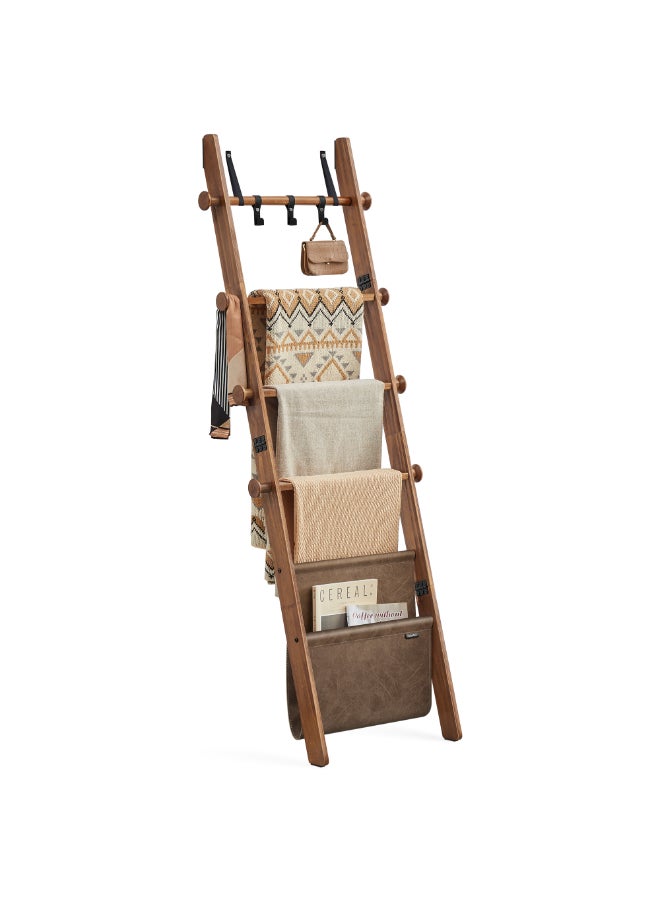 VASAGLE Blanket Ladder for Living Room, 5-Tier Wooden Ladder Shelf, Decorative Farmhouse Blanket Rack with Synthetic Leather Bag, Metal Hooks, Side Hooks, for Bedroom, Caramel Brown - Image 1