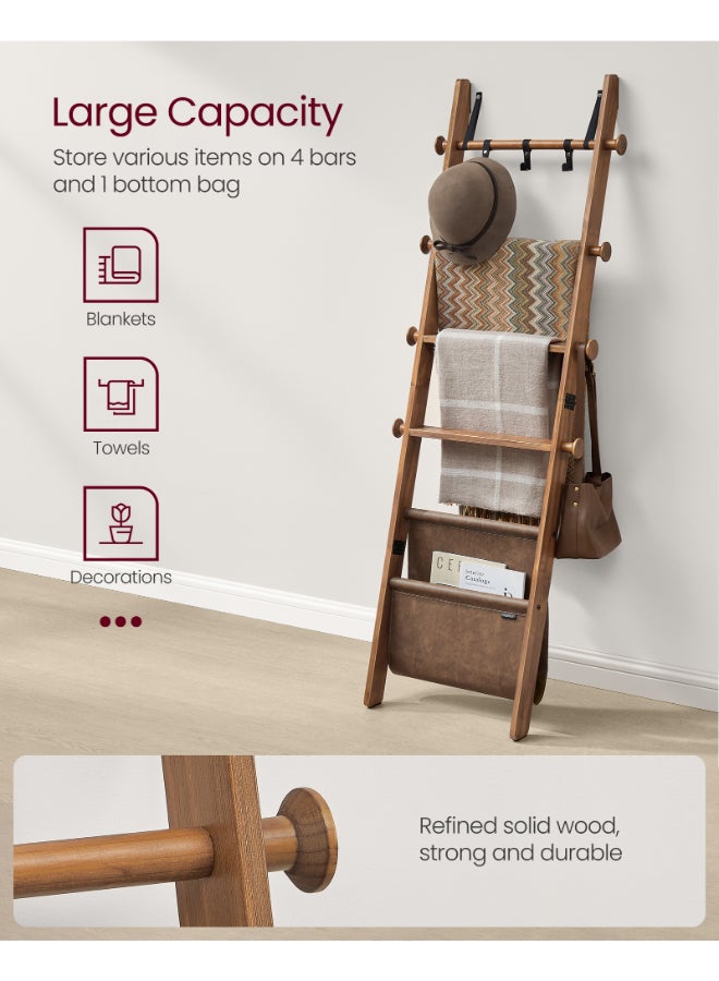 VASAGLE Blanket Ladder for Living Room, 5-Tier Wooden Ladder Shelf, Decorative Farmhouse Blanket Rack with Synthetic Leather Bag, Metal Hooks, Side Hooks, for Bedroom, Caramel Brown - Image 3