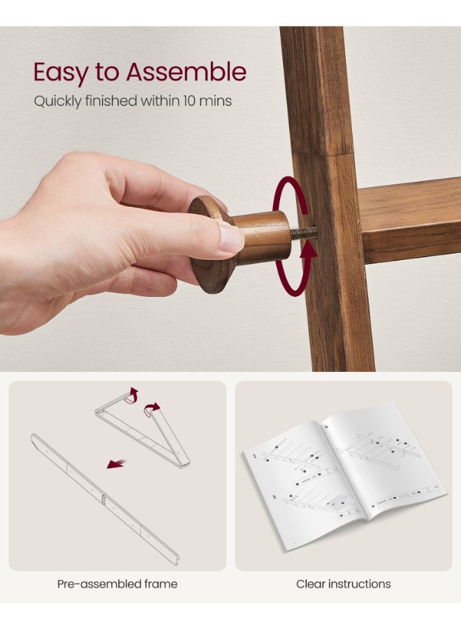 VASAGLE Blanket Ladder for Living Room, 5-Tier Wooden Ladder Shelf, Decorative Farmhouse Blanket Rack with Synthetic Leather Bag, Metal Hooks, Side Hooks, for Bedroom, Caramel Brown - Image 5