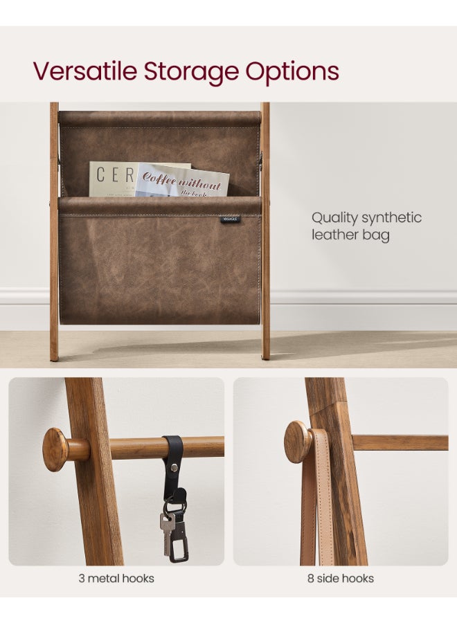 VASAGLE Blanket Ladder for Living Room, 5-Tier Wooden Ladder Shelf, Decorative Farmhouse Blanket Rack with Synthetic Leather Bag, Metal Hooks, Side Hooks, for Bedroom, Caramel Brown - Image 4