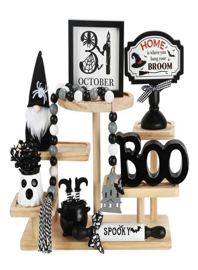 SYNCVIBE Halloween Decorations 8PCS Tiered Tray Decor, Cute Tabletop Halloween Decor for Home Tray Shelf Fireplace Mantel Office Desk Table Centerpieces Farmhouse Rustic Spooky Wood Signs - Image 1