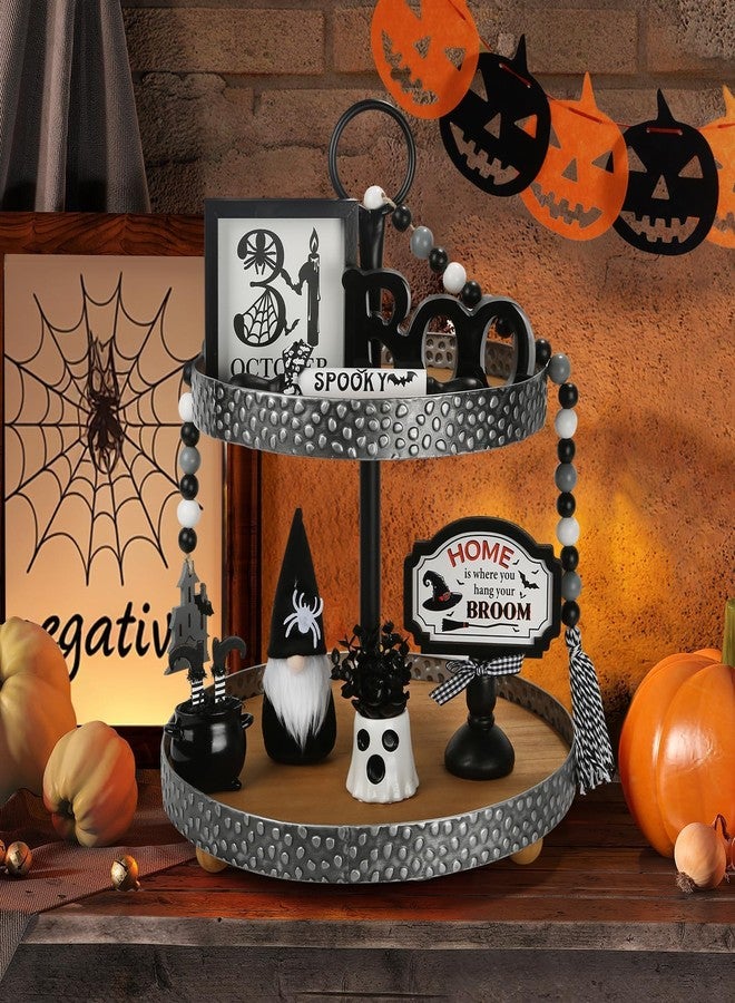 SYNCVIBE Halloween Decorations 8PCS Tiered Tray Decor, Cute Tabletop Halloween Decor for Home Tray Shelf Fireplace Mantel Office Desk Table Centerpieces Farmhouse Rustic Spooky Wood Signs - Image 2