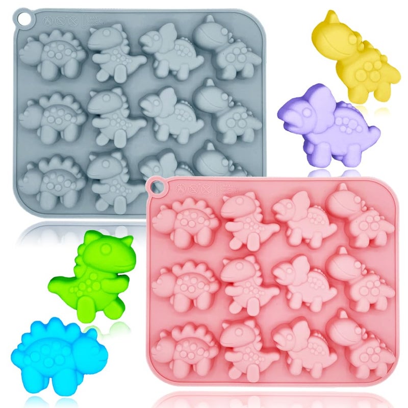 2 Pack Cute Dinosaur Silicone Molds 12 Cavity 3D Dinosaur Themed Baking Mould Tray DIY Baking Tool for Chocolate Cake Dessert Candy Mousse Pastry Handmade Soap Cupcake Topper