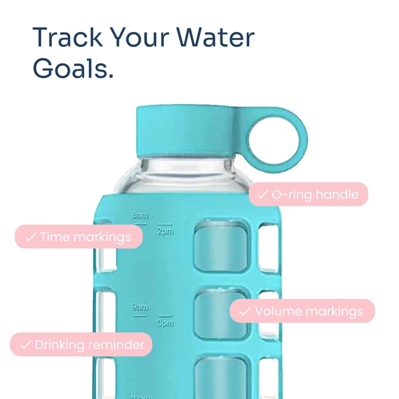 purifyou 40oz / 32oz / 22oz / 12oz Borosilicate Glass Water Bottle with Time & Volume Markers, Silicone Sleeve, Stainless Steel Lid | Reusable Glass Bottle for Water & Juice (32oz Aqua Blue) - Image 3