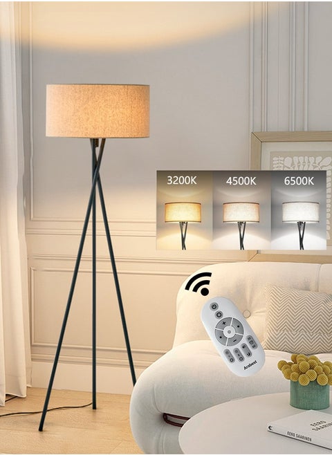 Modern Floor Lamp Wrought Iron Tripod Standing Lamp with Remote Control Warm Light Black Metal Linen 40 Watt 160x42 cm