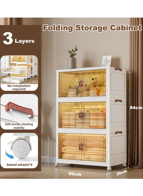 3 Layers Multi-Functional Foldable Storage Cabinet with Doors and Wheels, Stackable Storage Bins with Lids, Plastic Storage Cabinet Storage Box Collapsible Clothes Storage Containers with Doors Wardrobe Closet Organizers and Storage for Home (50L)