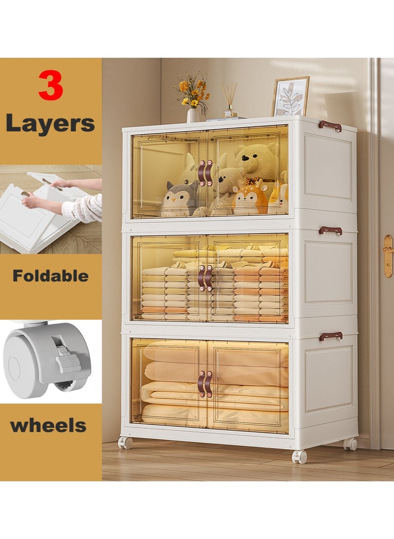Generic - 3 Layers Multi-Functional Foldable Storage Cabinet with Doors and Wheels, Stackable Storage Bins with Lids, Plastic Storage Cabinet Storage Box Collapsible Clothes Storage Containers with Doors Wardrobe Closet Organizers and Storage for Home (50L) - Image 1