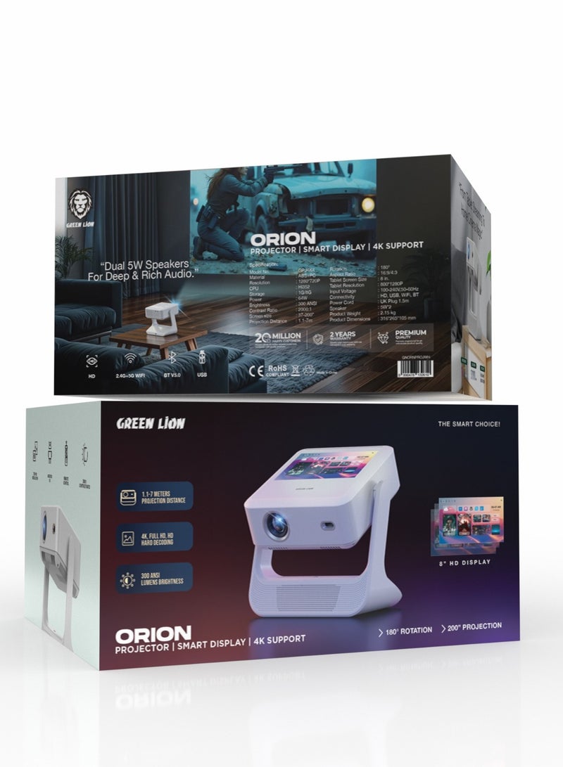 GREEN LION Orion Portable Projector with  8"  Display 4K Smart Android/ Auto-Focus Clarity / 180° Rotation /  Remote Control / High Brightness Picture Quality For Movies / Games / Business & Education - White  - Image 4