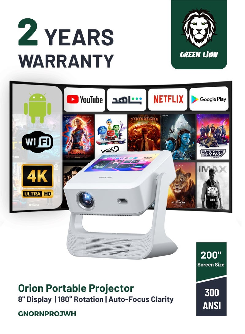 GREEN LION Orion Portable Projector with  8"  Display 4K Smart Android/ Auto-Focus Clarity / 180° Rotation /  Remote Control / High Brightness Picture Quality For Movies / Games / Business & Education - White  - Image 1