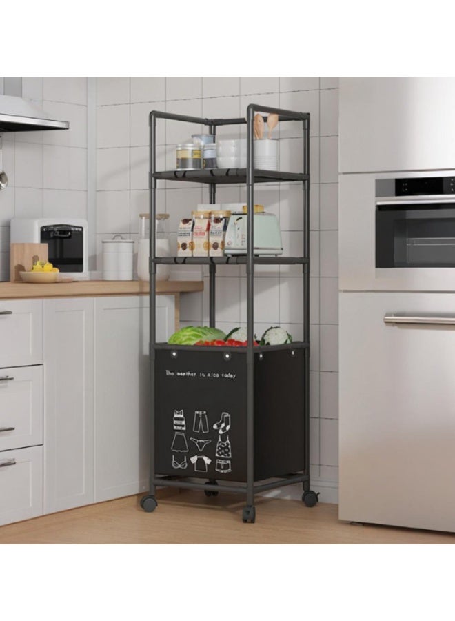 Bathroom Storage Shelf with Dirty Clothes Basket, Stainless Steel 3-Layer Laundry Organizer on Wheels - Image 2