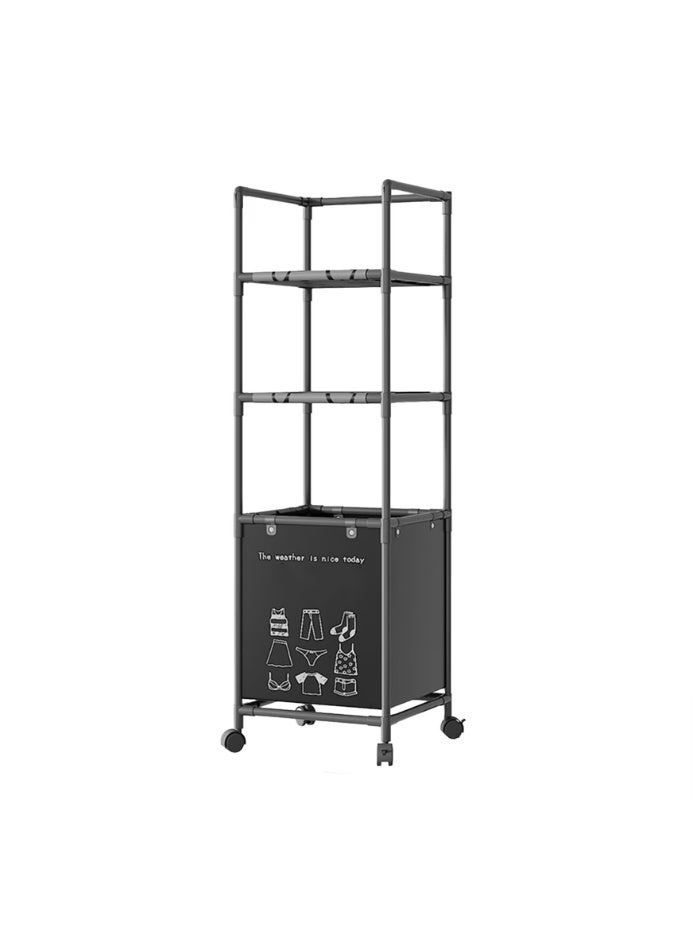 Bathroom Storage Shelf with Dirty Clothes Basket, Stainless Steel 3-Layer Laundry Organizer on Wheels - Image 1