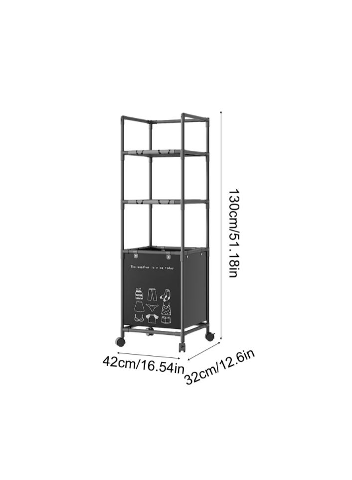Bathroom Storage Shelf with Dirty Clothes Basket, Stainless Steel 3-Layer Laundry Organizer on Wheels - Image 3