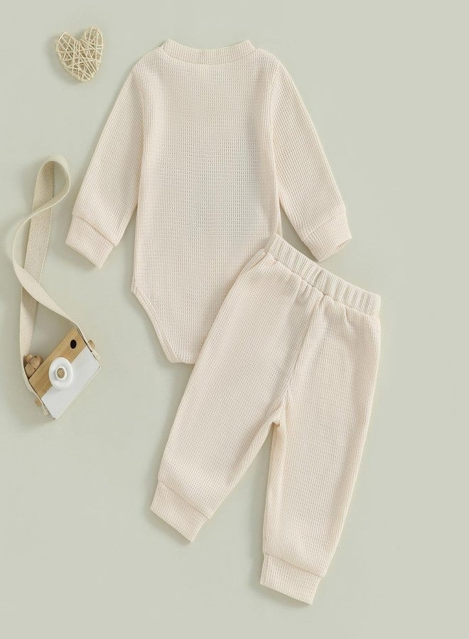Douhoow Baby Boy Clothes Letters Embroidered Baby Sweatshirt Romper Waffle Pants Set Infant Boy Fall Winter Outfits (Beige, 0-3 Months) - Image 4