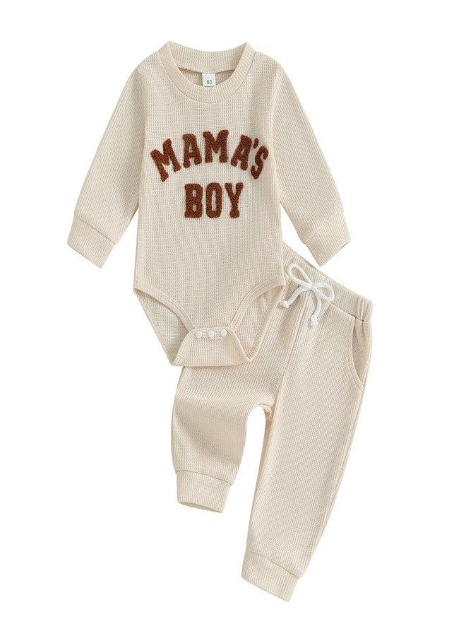 Douhoow Baby Boy Clothes Letters Embroidered Baby Sweatshirt Romper Waffle Pants Set Infant Boy Fall Winter Outfits (Beige, 0-3 Months) - Image 1