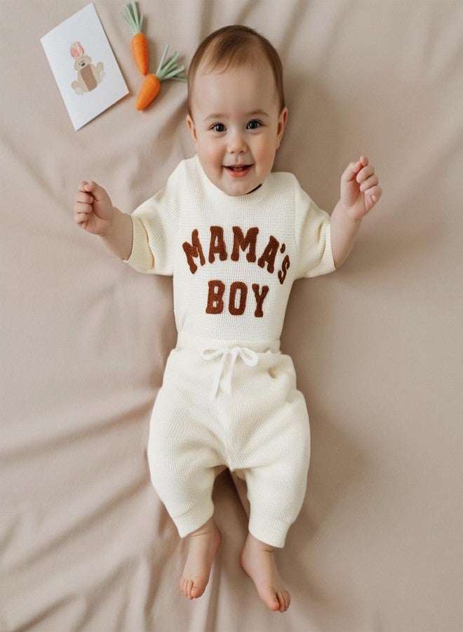 Douhoow Baby Boy Clothes Letters Embroidered Baby Sweatshirt Romper Waffle Pants Set Infant Boy Fall Winter Outfits (Beige, 0-3 Months) - Image 5