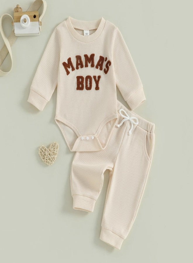 Douhoow Baby Boy Clothes Letters Embroidered Baby Sweatshirt Romper Waffle Pants Set Infant Boy Fall Winter Outfits (Beige, 0-3 Months) - Image 2