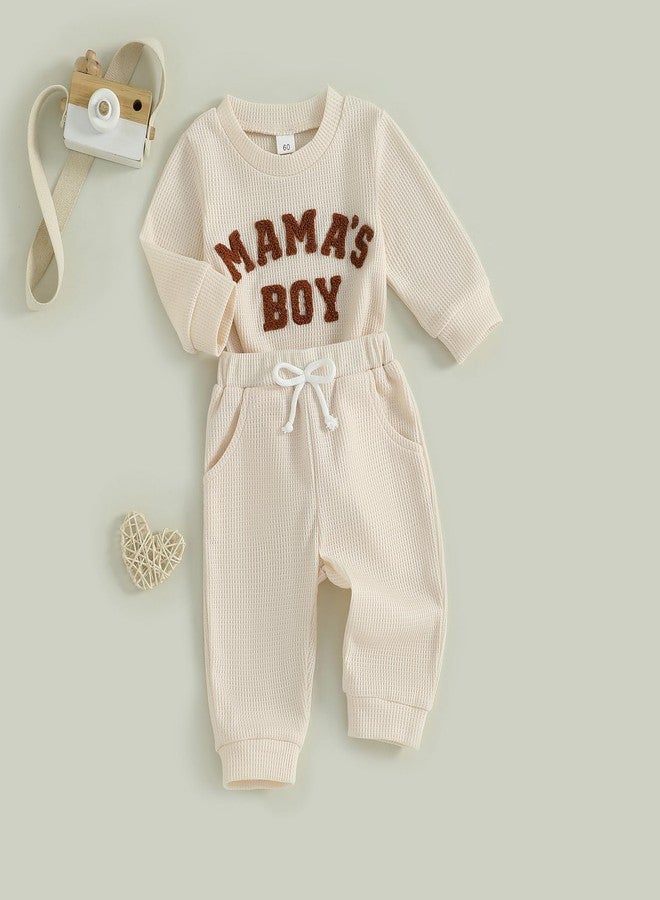 Douhoow Baby Boy Clothes Letters Embroidered Baby Sweatshirt Romper Waffle Pants Set Infant Boy Fall Winter Outfits (Beige, 0-3 Months) - Image 3