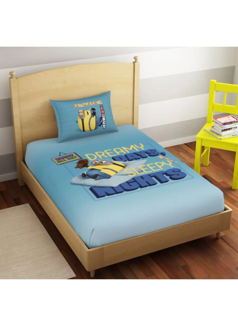 SPACES Spaces 100% Cotton Single Bedsheet (152 Cm X 224 Cm / 43 Cm X 68 Cm) | 180 Tc Percale Character Bedsheet & Pillow Covers Set (Ice Blue)- Universal Lazy Days Minions  - Image 1