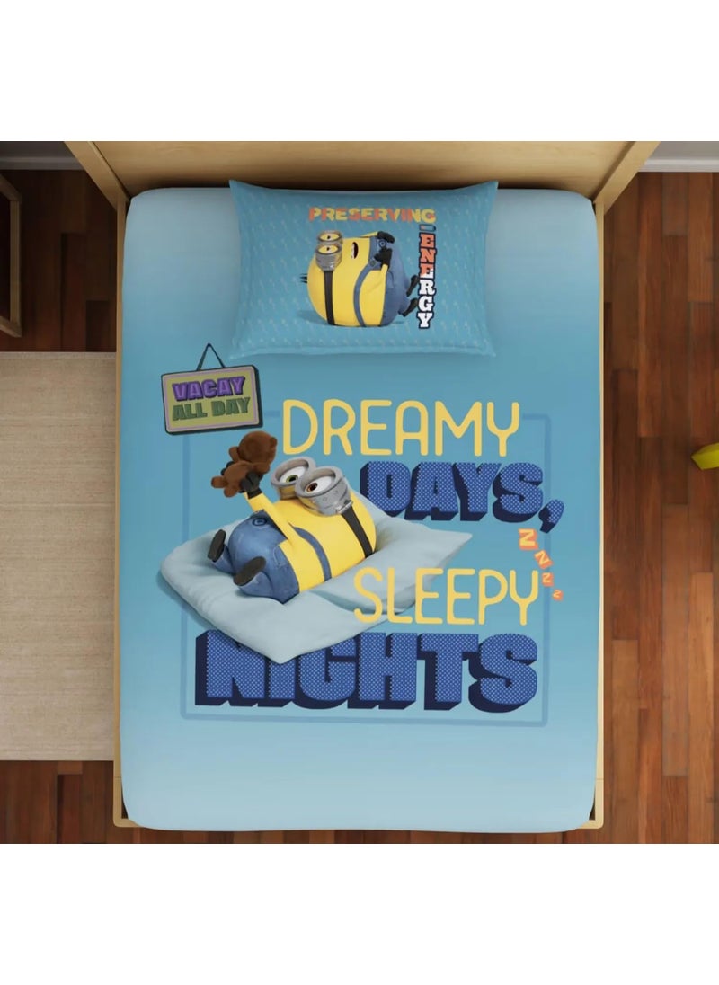 SPACES Spaces 100% Cotton Single Bedsheet (152 Cm X 224 Cm / 43 Cm X 68 Cm) | 180 Tc Percale Character Bedsheet & Pillow Covers Set (Ice Blue)- Universal Lazy Days Minions  - Image 2