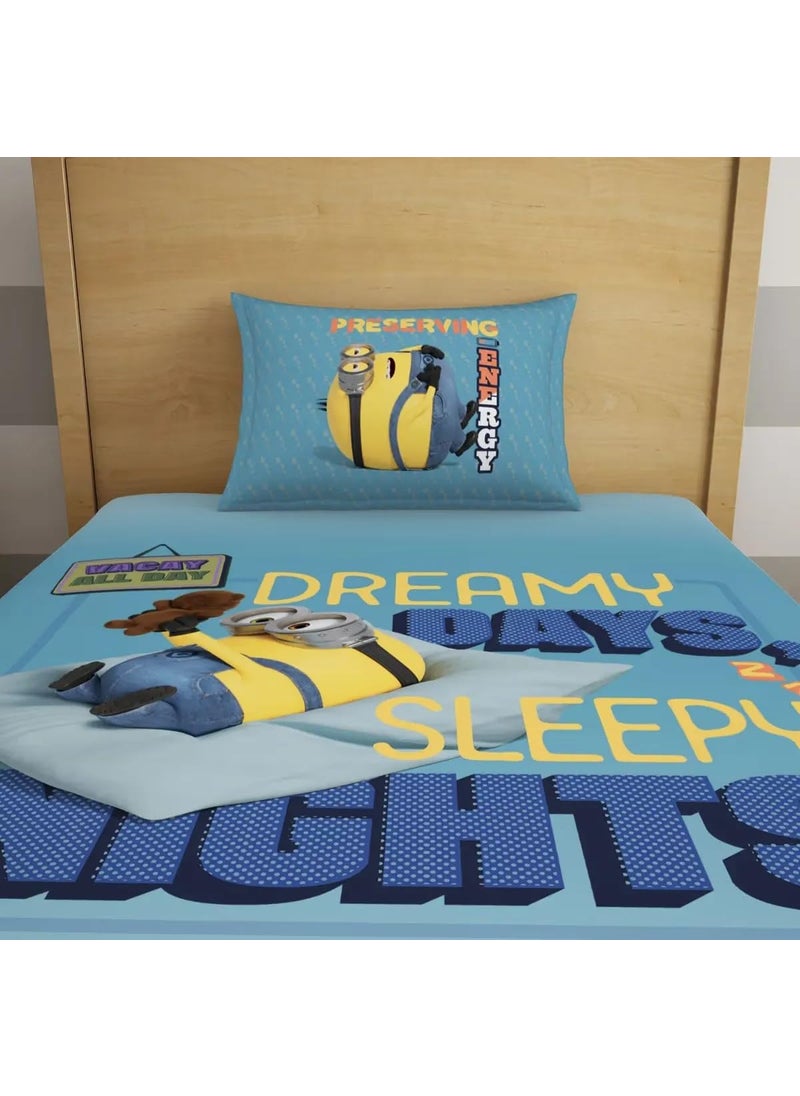 SPACES Spaces 100% Cotton Single Bedsheet (152 Cm X 224 Cm / 43 Cm X 68 Cm) | 180 Tc Percale Character Bedsheet & Pillow Covers Set (Ice Blue)- Universal Lazy Days Minions  - Image 3
