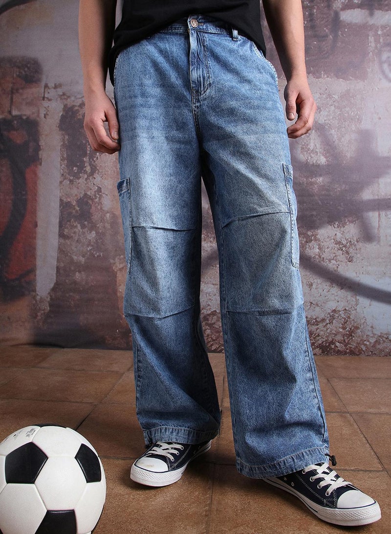 Hubberholme Men Pure Cotton Parachute Cargo Denim Light Fade Loose Fit Jeans - Image 2