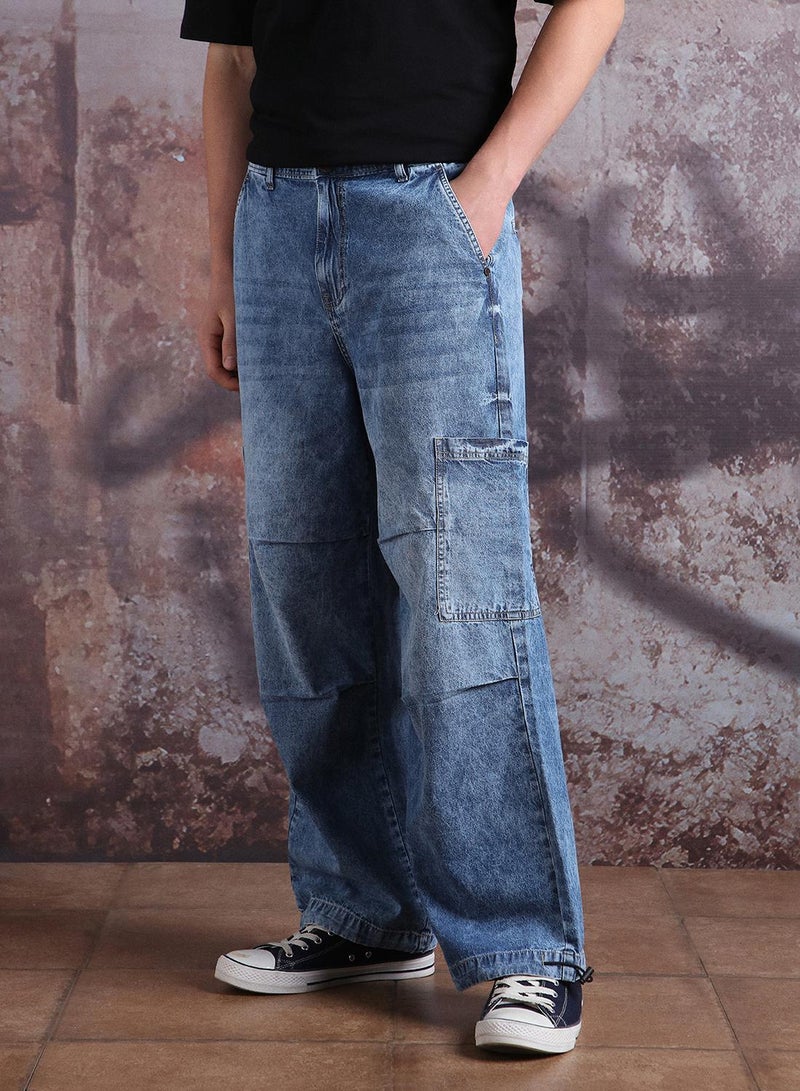 Hubberholme Men Pure Cotton Parachute Cargo Denim Light Fade Loose Fit Jeans - Image 3