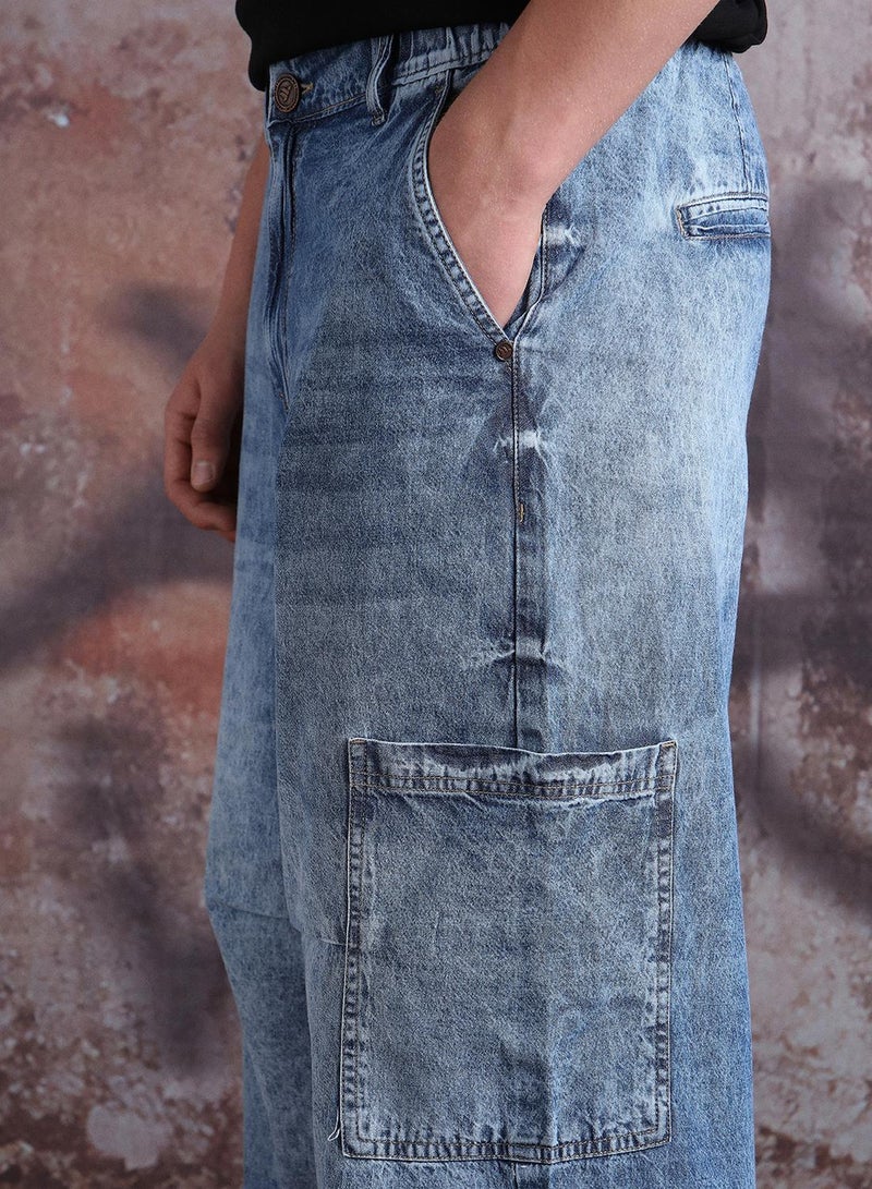Hubberholme Men Pure Cotton Parachute Cargo Denim Light Fade Loose Fit Jeans - Image 5