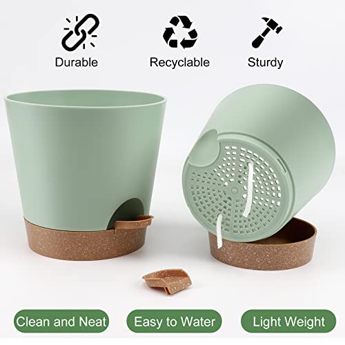 YNNICO Indoor Self Watering Planters with Drainage Holes and Saucers, 8, 7, 6.5, 6, 5.5, 5 Inches, Green, 6 Pots - Image 3