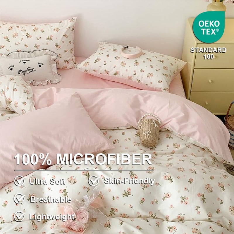 Erwinmu Floral Duvet Cover Set Twin Size,Pink Floral Flowers Bedding Duvet Cover with Zipper Closure,Reversible Comforter Duvet Cover and 1 Pillowcase - Image 3