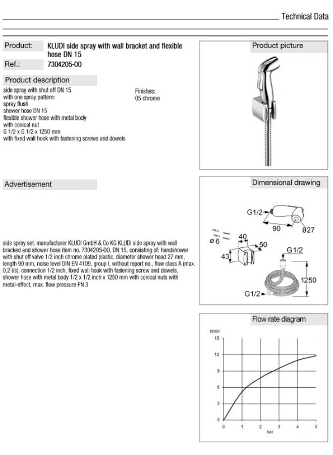 KLUDI Side Spray Shattaf Set with Wall Bracket and Flexible Hose (1.25m) DN 15| Handheld Bidet Sprayer Set | Premium Bathroom Jet Spray for Toilet & Hygiene, Chrome (7304205-00) - Image 2