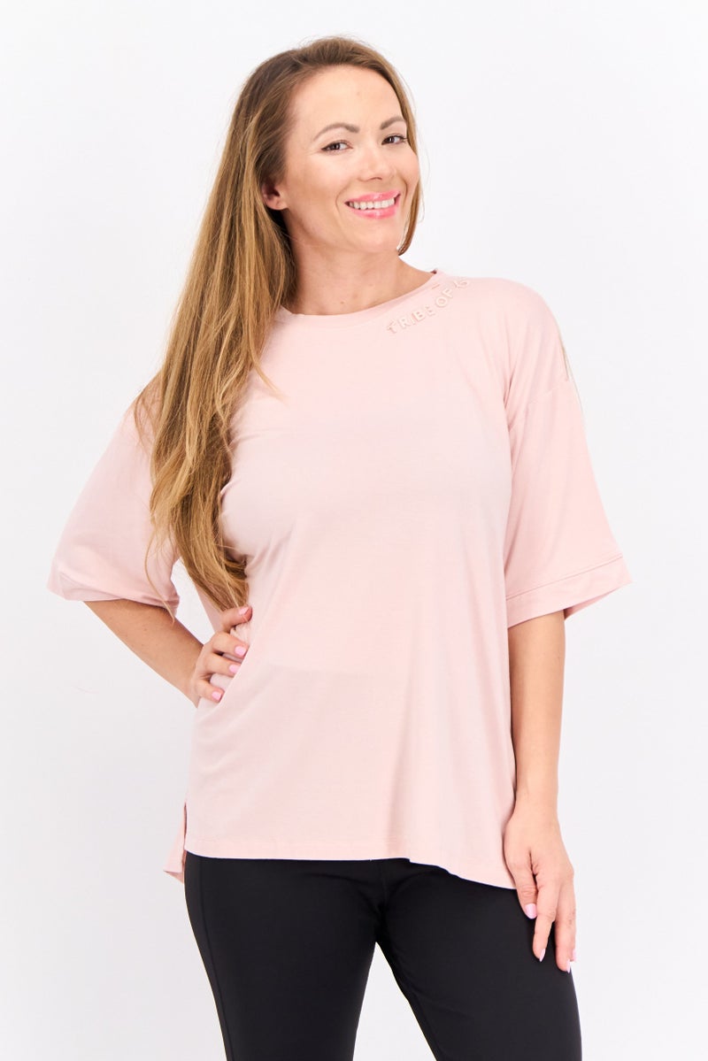 TRIBE OF 6 Women Round Neck Short Sleeves Embroidered T-shirt, Peach - Image 1