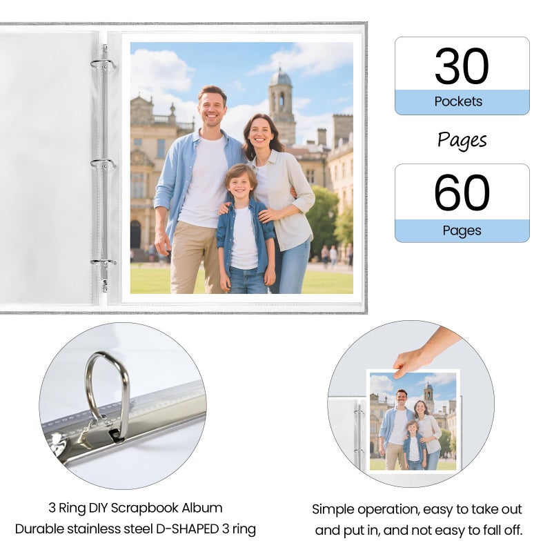 LUOCCHI 12x12 Inch Large 3 Ring Binder Scrapbook Album, Linen Cover Scrap Books 30 Pocket with Plastic Sleeves Protectors Display 60 Pages 12 x 12 Art Portfolio for Wedding Baby Adventure (Cyan Blue) - Image 4