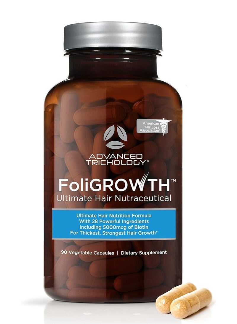 ادفانسد تريكولوجي مكمل نمو الشعر المتطور Trichology FoliGROWTH لشعر أكثر كثافة وامتلاءً، معتمد من الجمعية الأمريكية لتساقط الشعر، مدعوم بـ 20 عامًا من الخبرة في عيادات علاج تساقط الشعر 