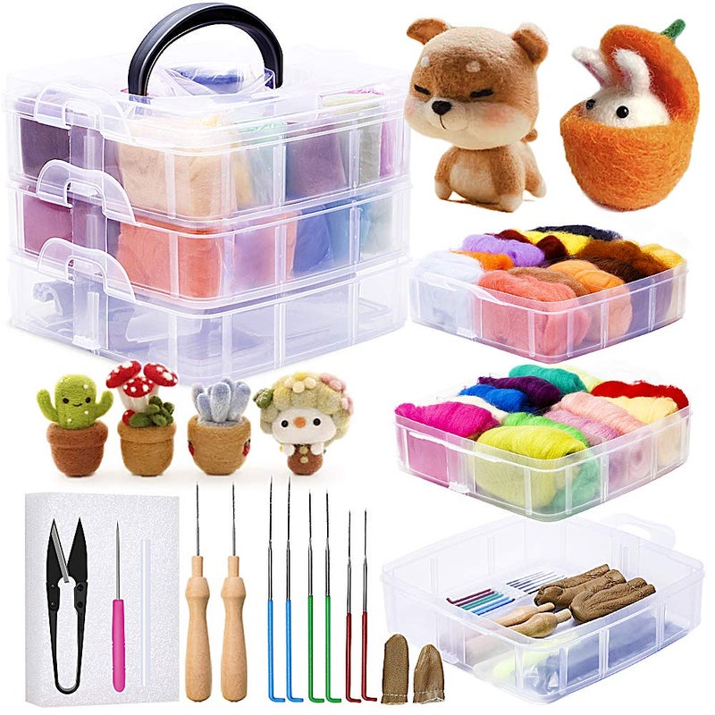 JUPEAN Needle Felting Kit, Wool Roving (5g/Color), Complete Needle Felting Starter Kit with Basic Felt Tools and Supplies Wool Fibre Spinning Craft Wet Felting Material for Beginners - Image 1