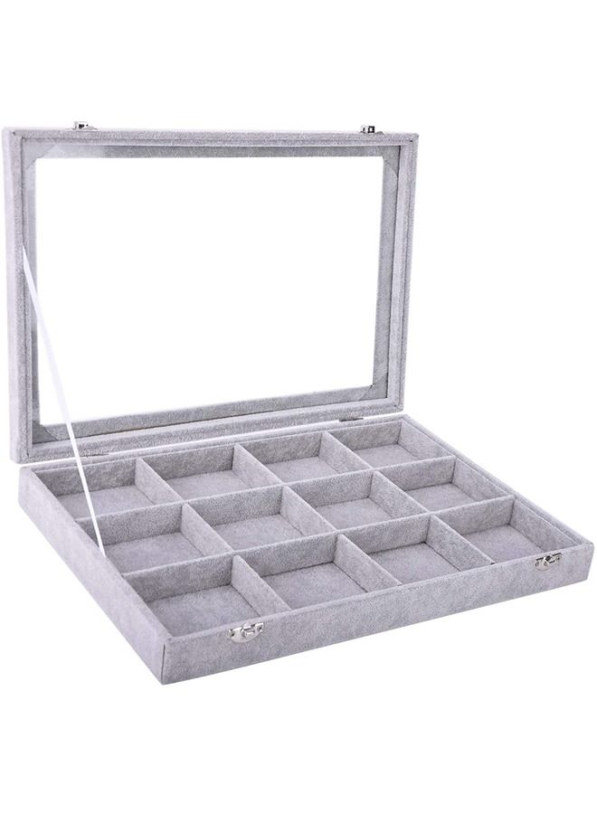 PADOM صينية مجوهرات بادوم، منظم مجوهرات متعدد الوظائف مع غطاء وقفل للخاتم والقرط والقرط والقلادة والسوار والساعة وصينية عرض مجوهرات مخملية ناعمة (12 شبكة) - Image 5