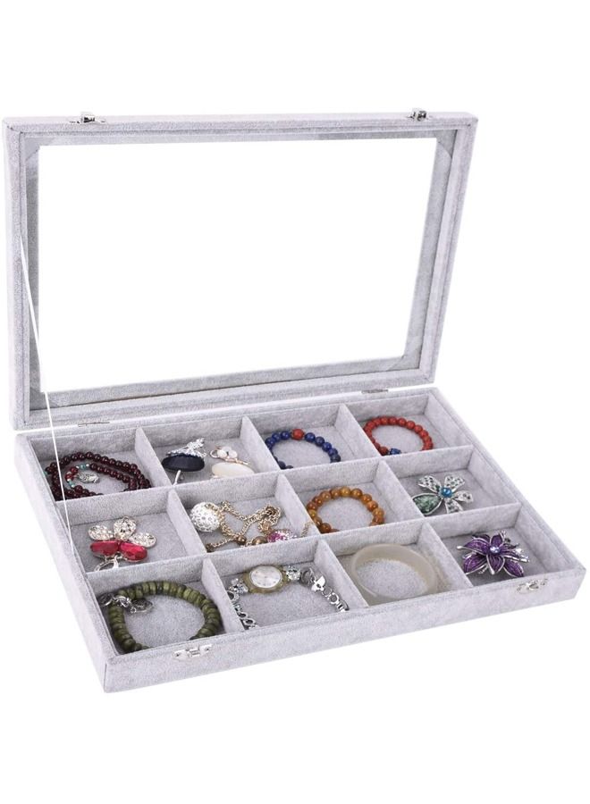 PADOM صينية مجوهرات بادوم، منظم مجوهرات متعدد الوظائف مع غطاء وقفل للخاتم والقرط والقرط والقلادة والسوار والساعة وصينية عرض مجوهرات مخملية ناعمة (12 شبكة) - Image 1