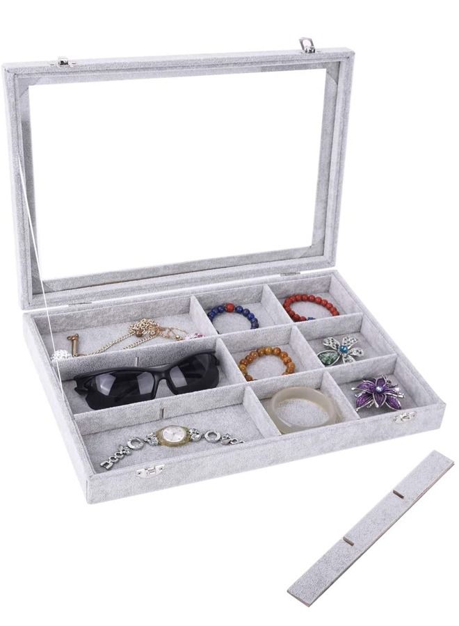 PADOM صينية مجوهرات بادوم، منظم مجوهرات متعدد الوظائف مع غطاء وقفل للخاتم والقرط والقرط والقلادة والسوار والساعة وصينية عرض مجوهرات مخملية ناعمة (12 شبكة) - Image 4