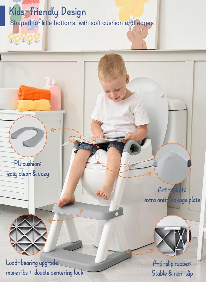 Forbena Toddler Potty Training Seat with Step Stool Ladder, Toilet Potty Seat for Baby Boys Girls Toddlers, Kids Chair Stairs with Handles and Soft Cushion (White and Grey) - Image 4
