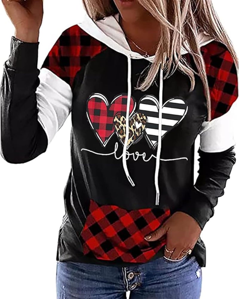 MHTOR Valentines Shirts Women Buffalo Plaid Love Heart Graphic Tees Letter Print Long Sleeve Tops Shirts(X-Large,Black) - Image 2