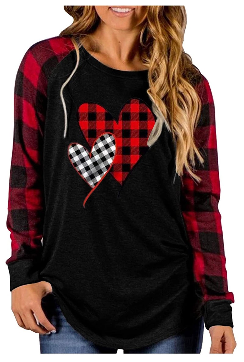 MHTOR Valentines Shirts Women Buffalo Plaid Love Heart Graphic Tees Letter Print Long Sleeve Tops Shirts(X-Large,Black) - Image 1