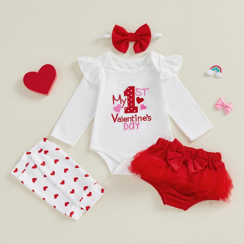 BeQeuewll Newborn Baby Girl Valentines Outfit 1st Letter Romper+Tutu Shorts+Headband+Leg Warmers Babies First Holiday Outfit (V-Day, 3-6 Months) - Image 4