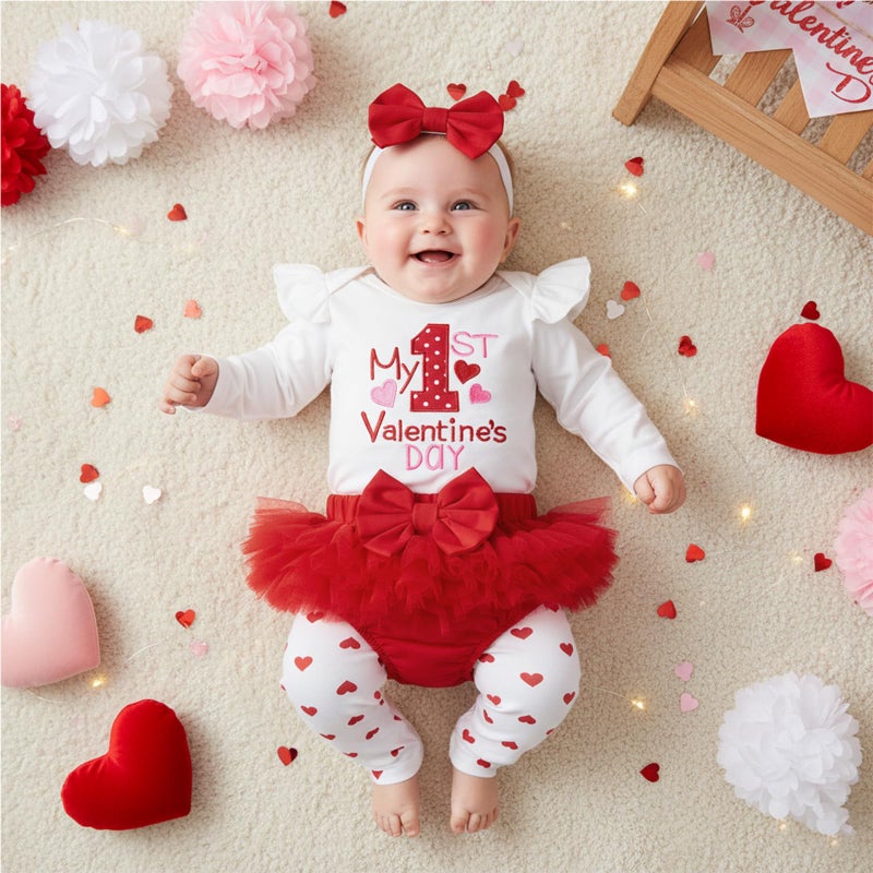 BeQeuewll Newborn Baby Girl Valentines Outfit 1st Letter Romper+Tutu Shorts+Headband+Leg Warmers Babies First Holiday Outfit (V-Day, 3-6 Months) - Image 2