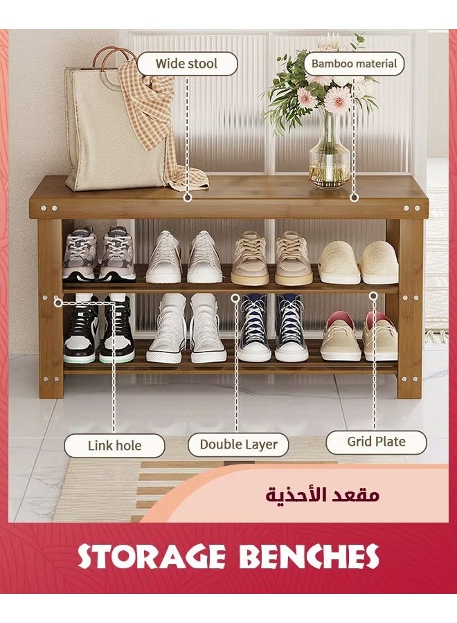 مقعد تخزين الأحذية,رف أحذية مدخل الخيزران من 3 طبقات,مقعد خشبي لدخول الممر غرفة المعيشة,بني,80X41X22.5CM - Image 2