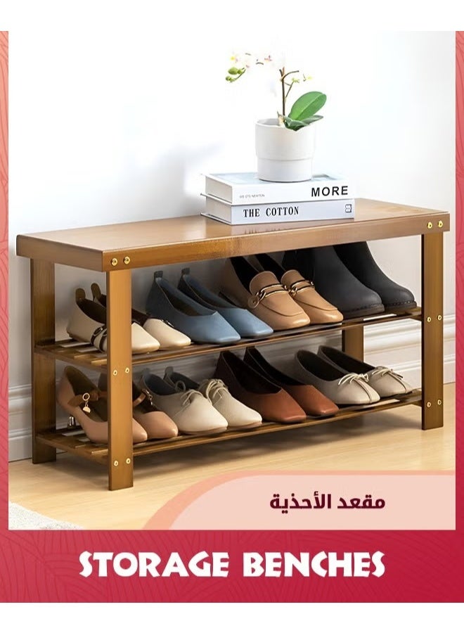 مقعد تخزين الأحذية,رف أحذية مدخل الخيزران من 3 طبقات,مقعد خشبي لدخول الممر غرفة المعيشة,بني,80X41X22.5CM - Image 1