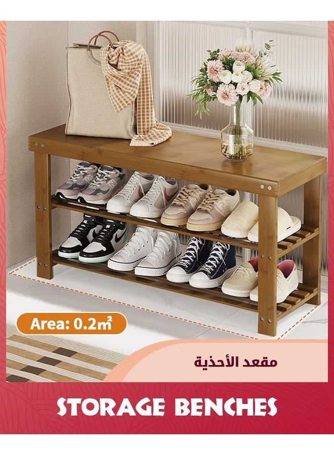 مقعد تخزين الأحذية,رف أحذية مدخل الخيزران من 3 طبقات,مقعد خشبي لدخول الممر غرفة المعيشة,بني,80X41X22.5CM - Image 5