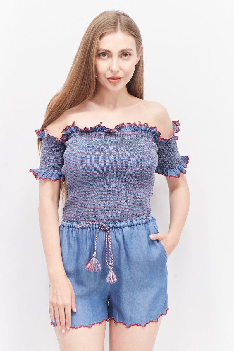 Juicy Couture Women Off Shoulder Textured Playsuit, Blue  - Image 1