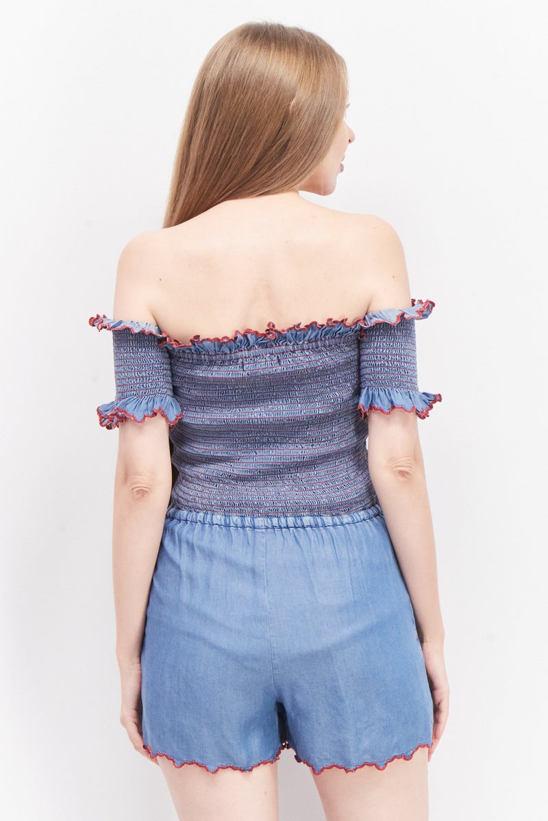 Juicy Couture Women Off Shoulder Textured Playsuit, Blue  - Image 3
