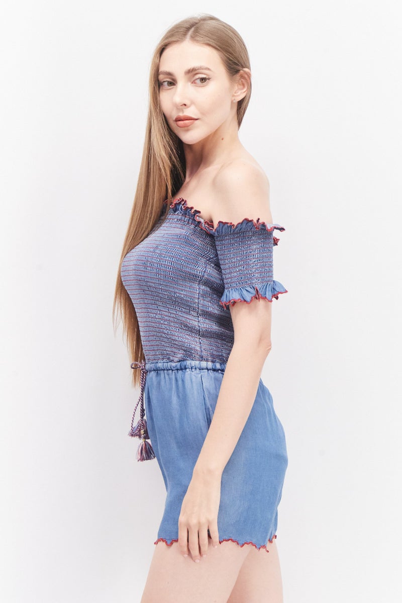 Juicy Couture Women Off Shoulder Textured Playsuit, Blue - Image 4