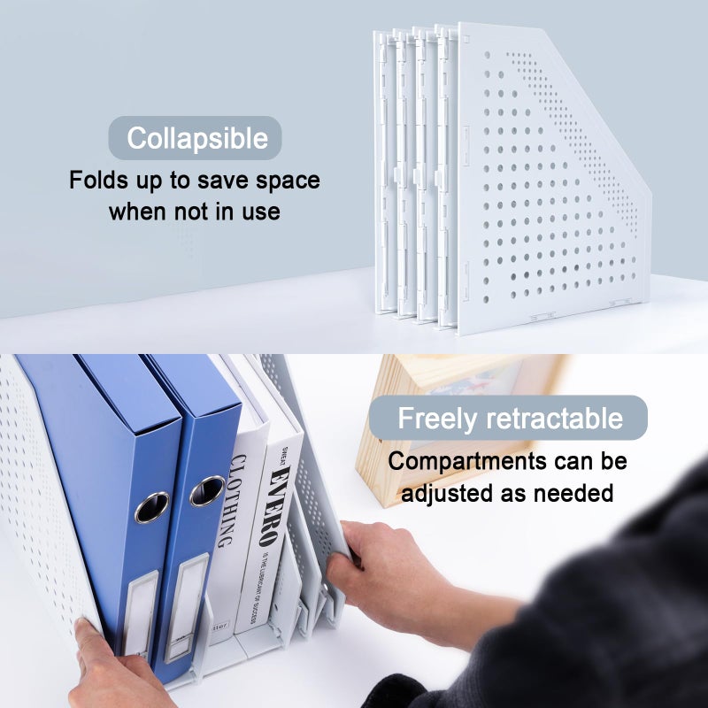 FRETONBA Collapsible Magazine File Holder with 4 Vertical Compartments Foldable Binder Holder for Desk Binder Storage Organizer Plastic Magazine Holders for Shelf, Light Gray - Image 4