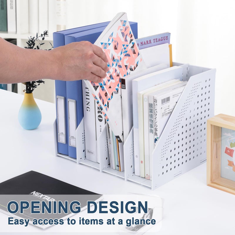 FRETONBA Collapsible Magazine File Holder with 4 Vertical Compartments Foldable Binder Holder for Desk Binder Storage Organizer Plastic Magazine Holders for Shelf, Light Gray - Image 2